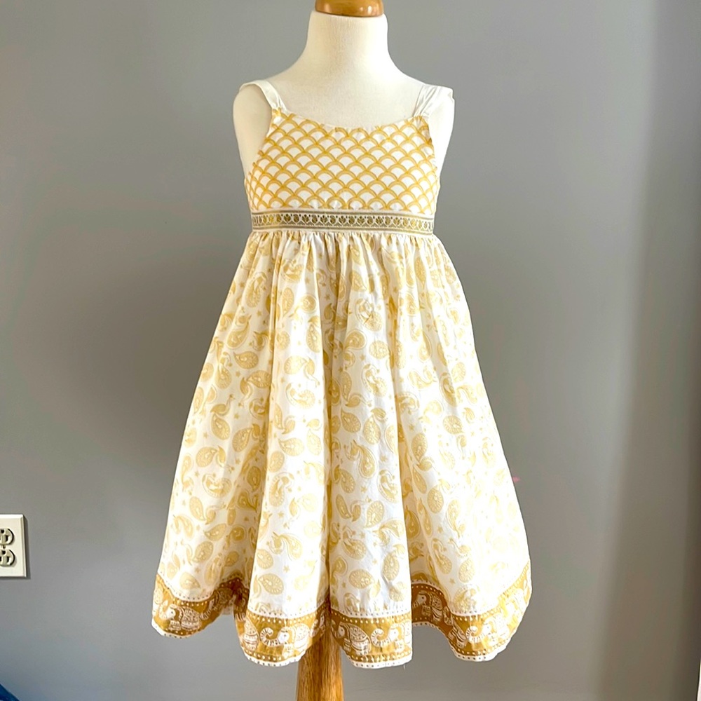 H&M CONSCIOUS dress 6 - 7 gold and white peacocks and elephants